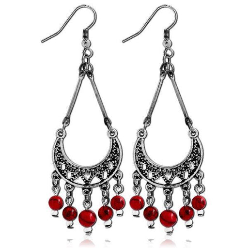 Red Vintage Crescent Beaded Earring Pair