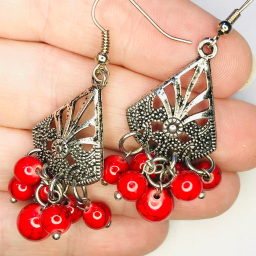 Red Vintage Filigree Beaded Earring Pair