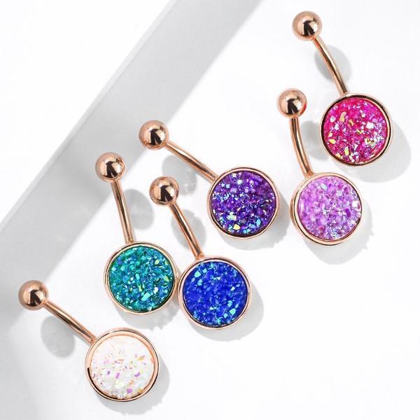 Rose Gold Druzy Resin Belly Bar 14G