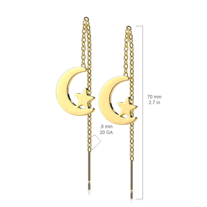 Gold earrings with moon and star design with measurements on a white background