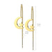 Gold earrings with moon and star design with measurements on a white background