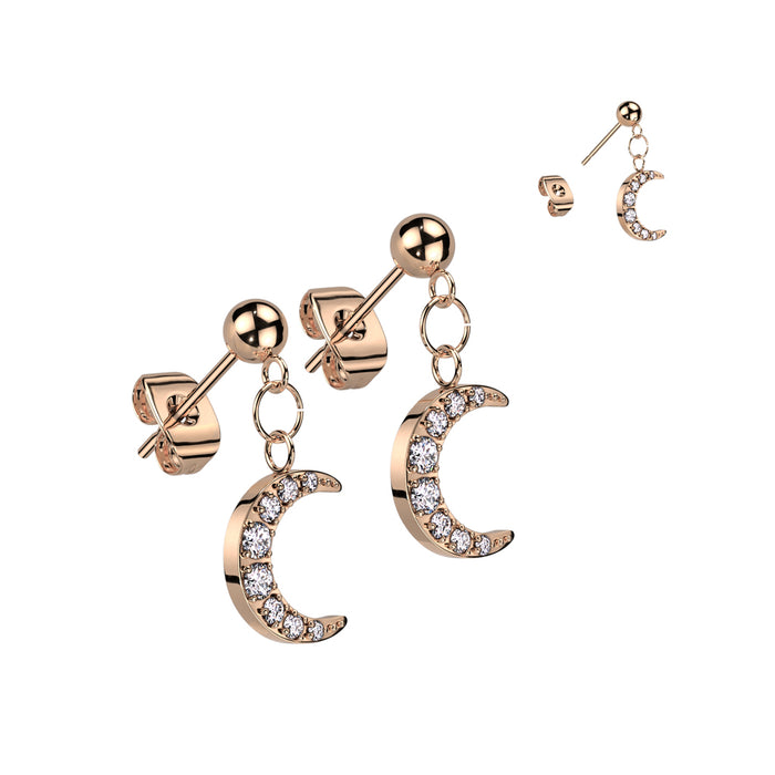 Rose gold earrings with moon designs on a white background