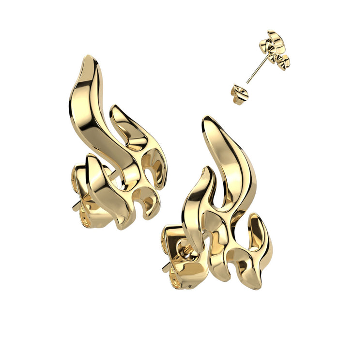 Gold flame-shaped earrings on a white background