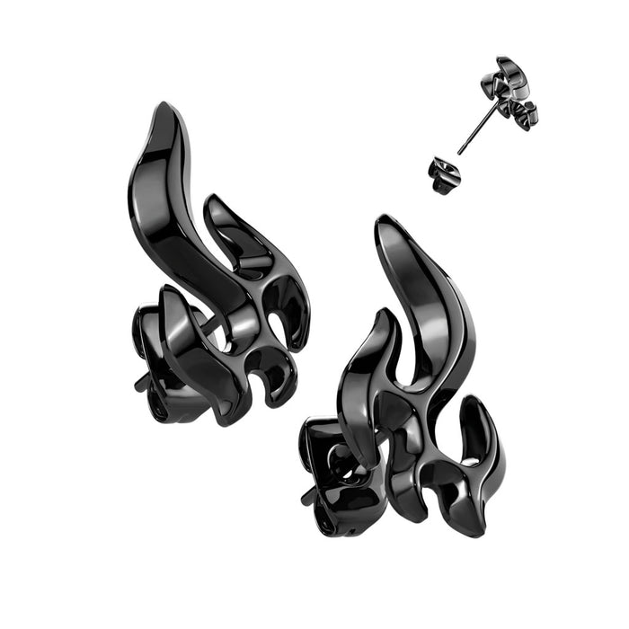 Black flame-shaped earrings on a white background
