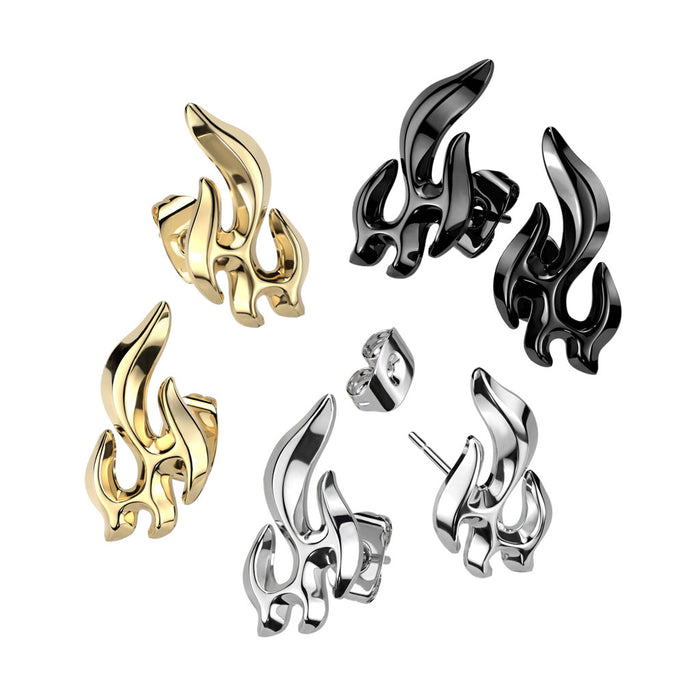 Flame-shaped earrings in gold, silver, and black on a white background