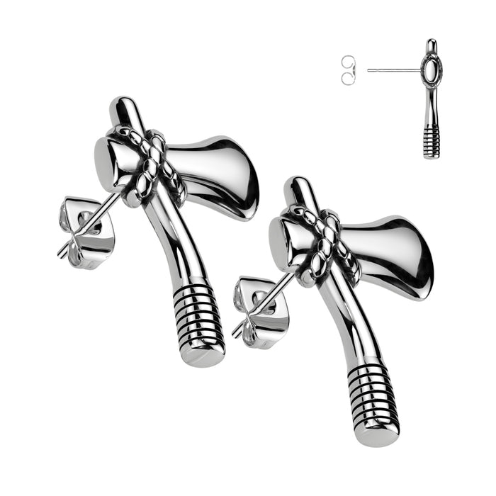 Silver axe-shaped earrings on a white background