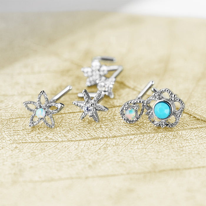 6pc Silver turquoise and opal L bend 20G nose stud set with retainer – Totally Pierced