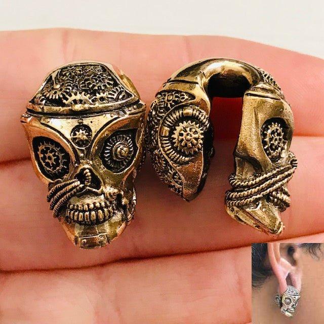 Steampunk Skull Brass Ear Weights PAIR