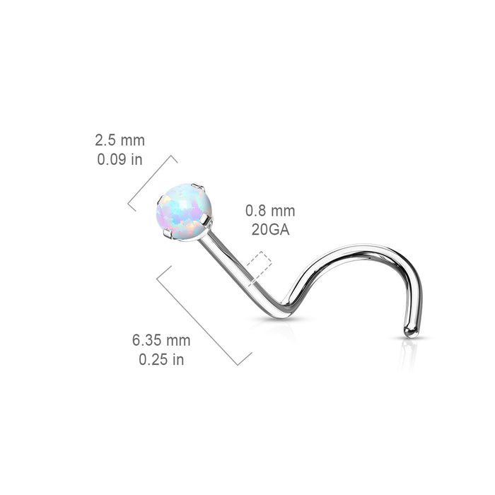 Nose ring with opal gemstone and measurements on a white background