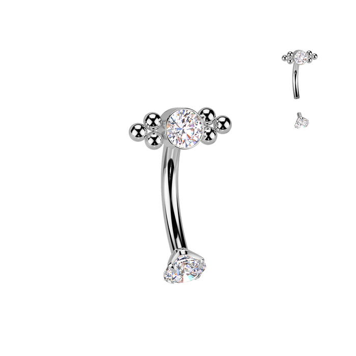 Titanium I.T. Beaded Gem Curve 16G – Silver Solid Titanium with CZ Gems for Eyebrow, Rook & Vertical Labret Piercings