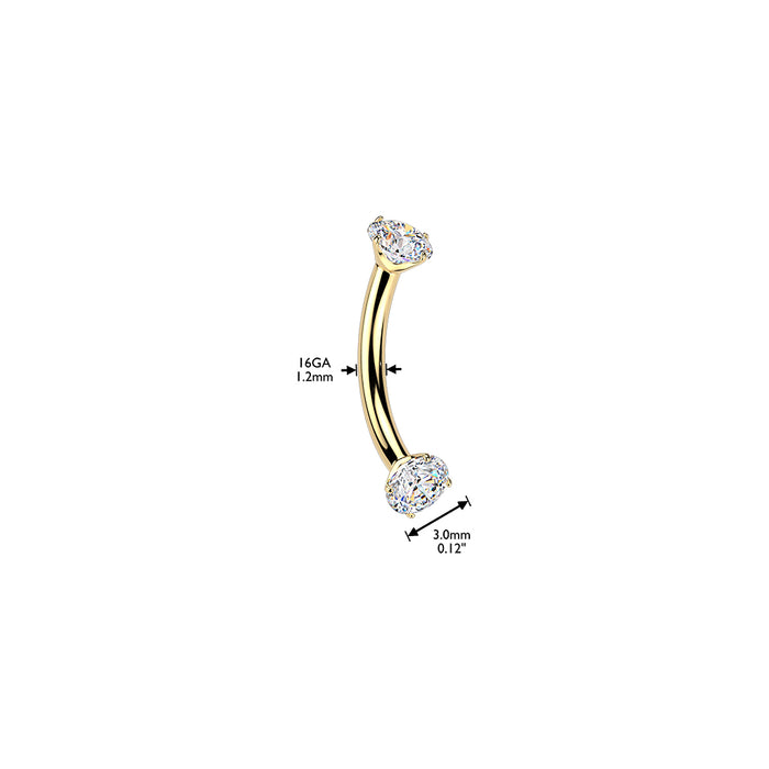 24kt Gold Plated Titanium I.T. Prong Gem Curve 16G