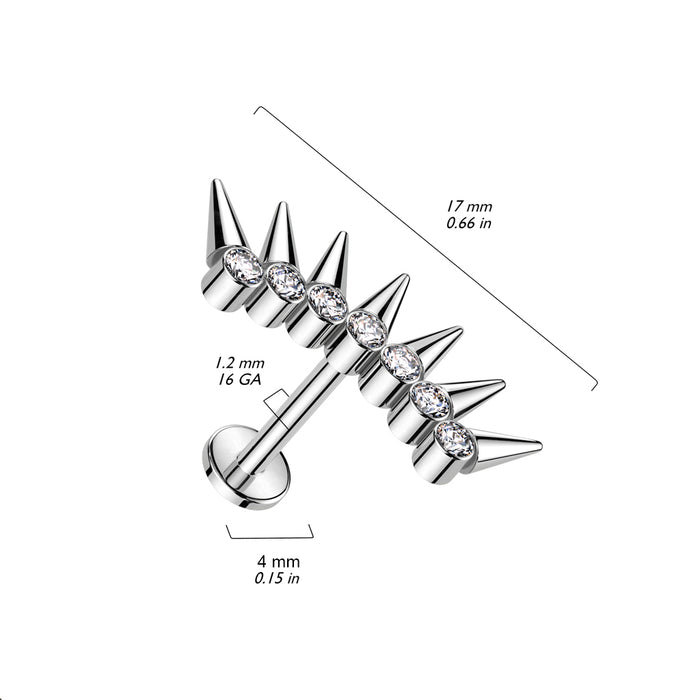 Silver spike earring with clear gemstones and measurements on a white background