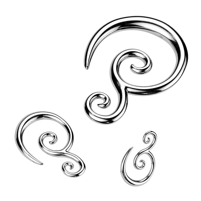 Set of silver spiral earrings on a white background