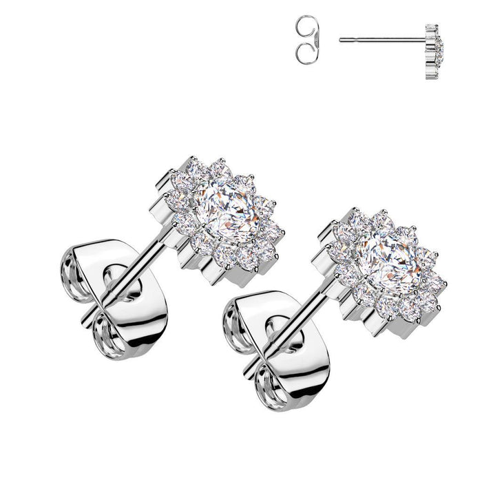 Titanium Gem Flower Stud Earrings Pair