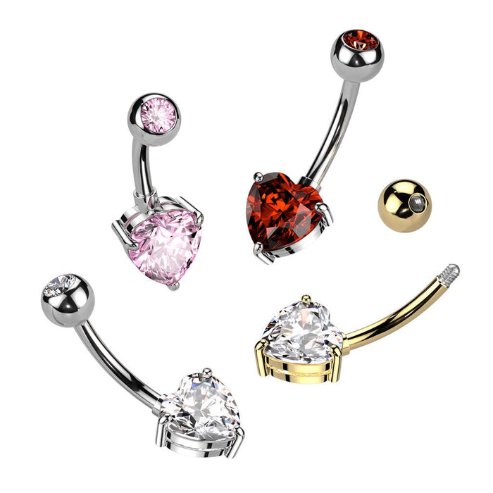 Titanium Heart Gem Belly Bar 14G
