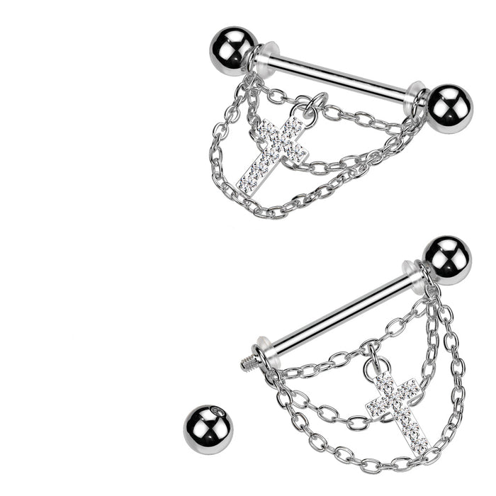 Triple Chain Cross Nipple Dangle 14G (Single)