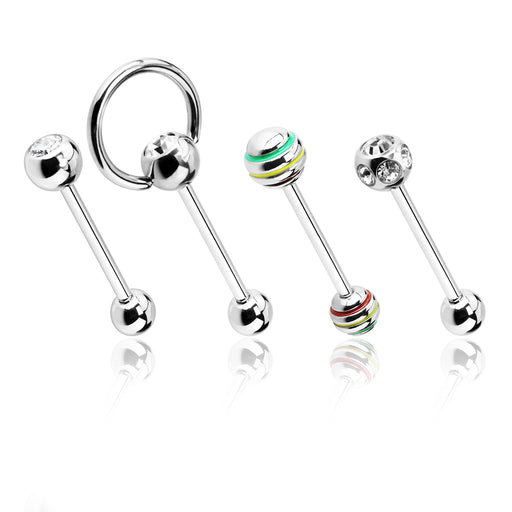 4 Piece Tongue Barbell Pack – 316L Surgical Steel with Gem and Rasta Designs for Tongue or Nipple Piercing