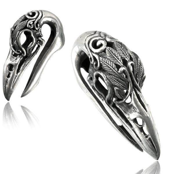 White Brass Crow Skull Ear Weights PAIR
