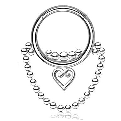 Heart Chain Hinged Ring in Silver – 316L Surgical Steel for Septum, Daith & Helix Piercings