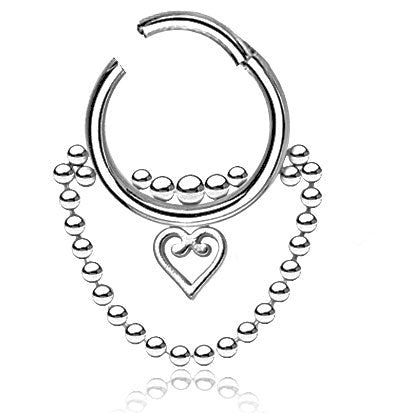 Open Heart Chain Hinged Ring in Silver – 316L Surgical Steel for Septum, Daith & Helix Piercings