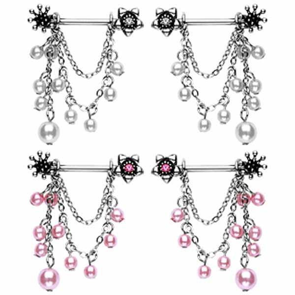 Chain and Pearl Bead Nipple Dangle PAIR 14G-My Body Piercing Jewellery