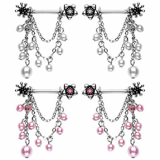 Chain and Pearl Bead Nipple Dangle PAIR 14G-My Body Piercing Jewellery