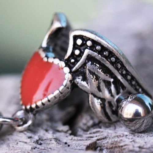 Winged Heart Cartilage Cuff – Red Enamel Winged Heart with Hanging Balls up close detail