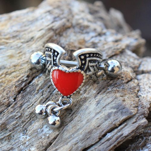 Winged Heart Cartilage Cuff – Red Enamel Winged Heart with Hanging Balls on wood display