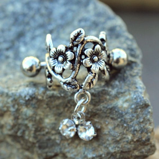 Flower Vine Cartilage Cuff – Antique Floral Stainless Steel Ear Cuff with Clear CZ Dangles on rock display