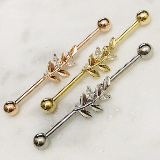 Gold Plated Leaf Industrial 14G 38mm-My Body Piercing Jewellery