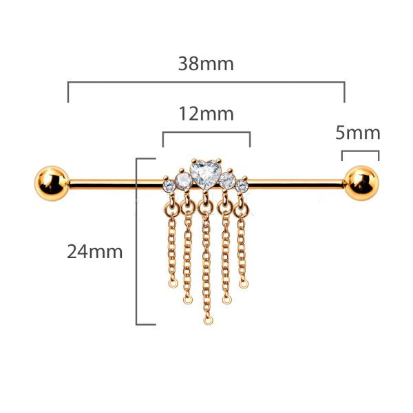 Heart Chain Dangle Industrial Bar – Gold 316L Surgical Steel with CZ Gem Hearts and Chain Detail for Industrial Piercings with measurements