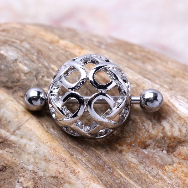 Dome Nipple Cuff – 316L Stainless Steel Barbell with Ornate Dome Shield Design on stone background
