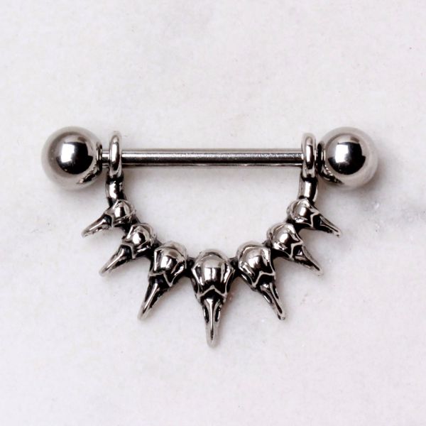 Raven Skull Nipple Dangle – 316L Stainless Steel Nipple Barbell with Detailed Skull Design on plain background