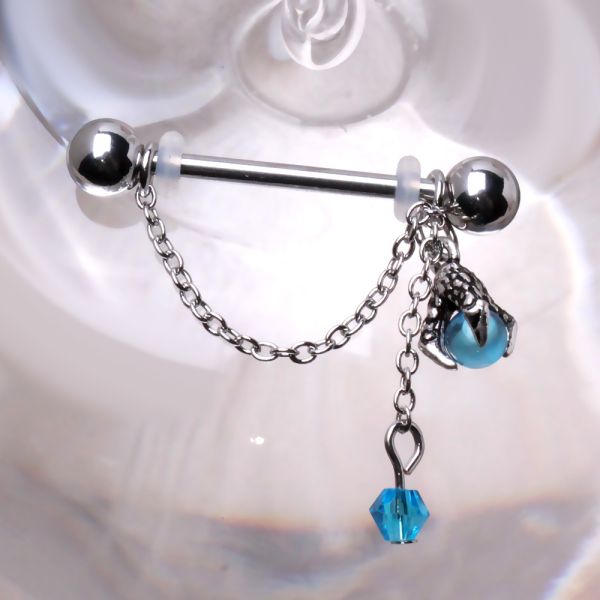 Nipple bar with chain and blue crystal charms on a white background