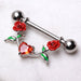 Nipple jewellery with red roses and a heart-shaped gem on a white background