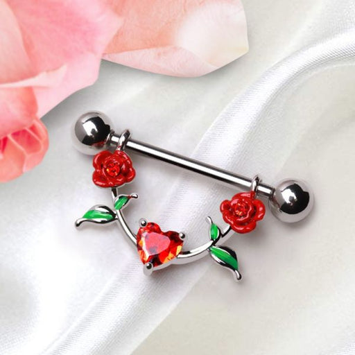 Nipple bar with red roses and a heart on a white surface with pink flowers.