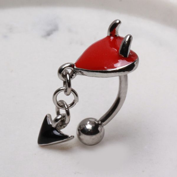 Devil Heart Top Drop Belly Bar – Red Enamel 316L Surgical Steel Belly Piercing Jewellery
