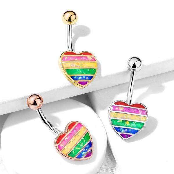 Opal Glitter Pride Heart Belly Bar 14G-My Body Piercing Jewellery