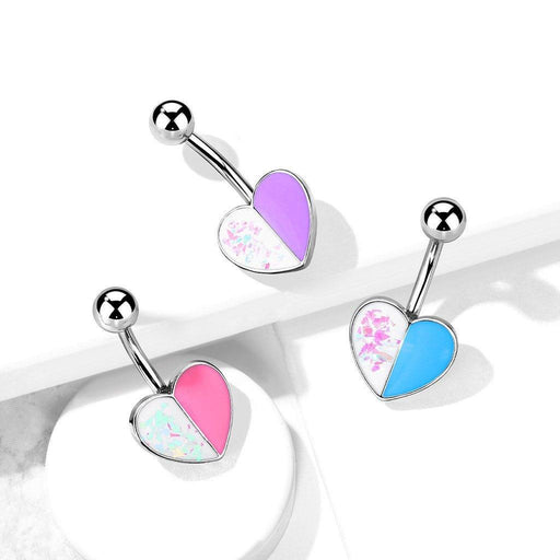 Body Jewelry - Two Tone Glitter Heart Belly Bar 14G