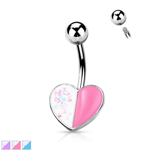 Body Jewelry - Two Tone Glitter Heart Belly Bar 14G