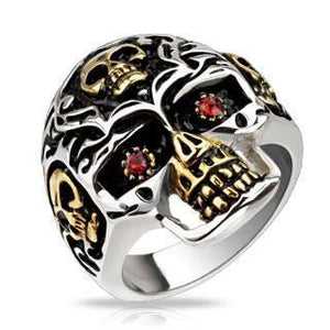 Gold Accent Red Eyed Skull Ring - Totally Pierced