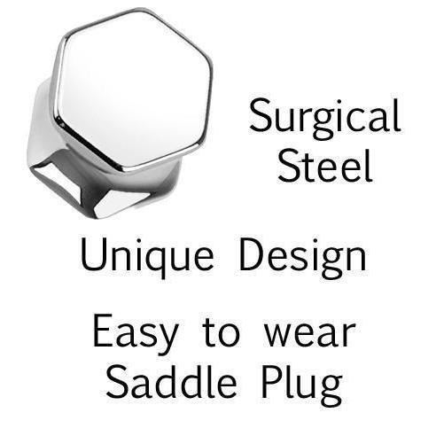 Hexagonal Front Steel Saddle Plug 8G-2G - Totally Pierced