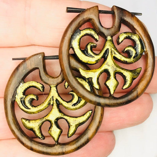 Rustic Gold Inset Wood Pin Earring Pair - Totally Pierced